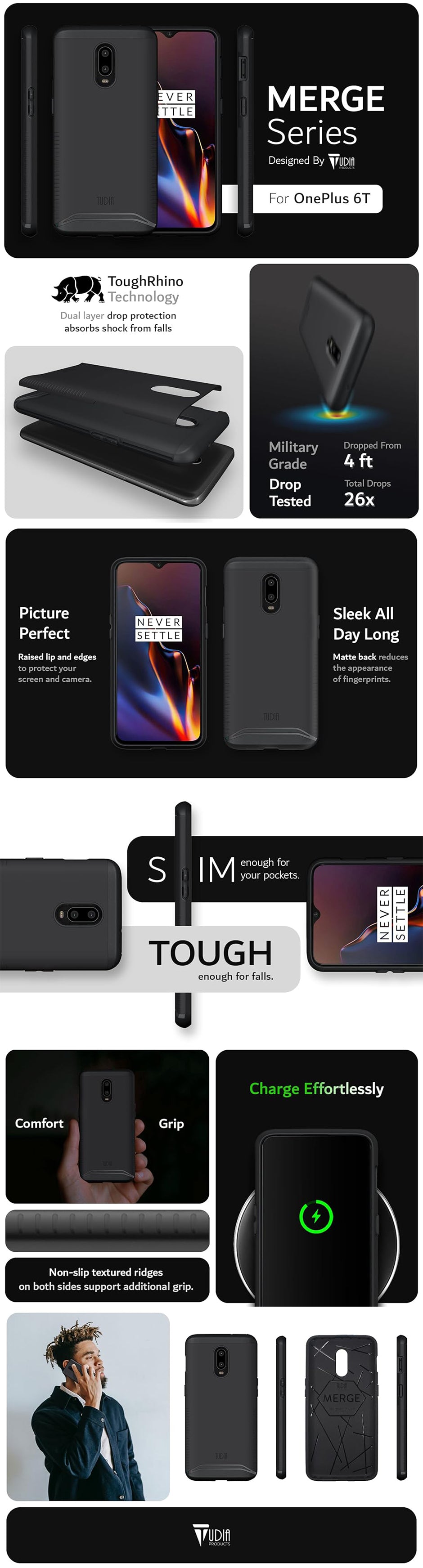 TUDIA MERGE Series dual-layer case for OnePlus 6T with shockproof protection, slim profile, and durable rugged design