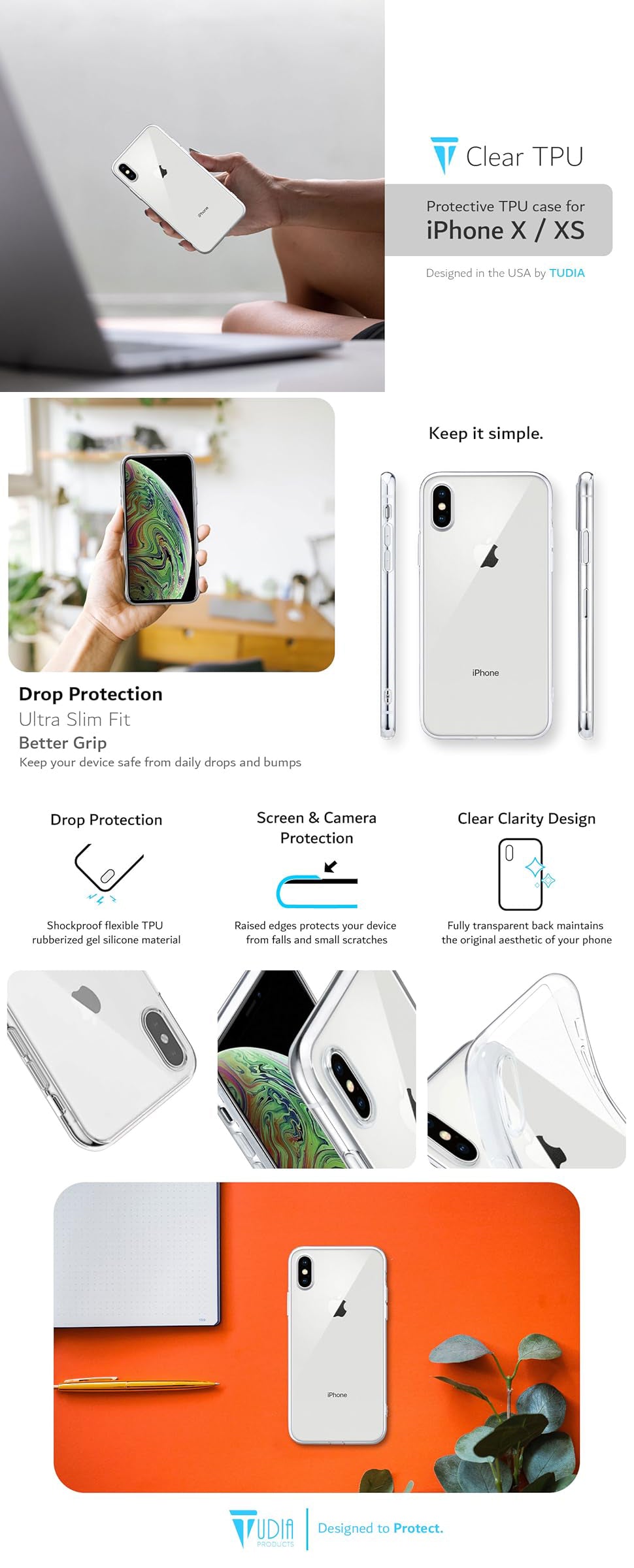 TUDIA iPhone X / XS Clear TPU Protective Case – Slim, Transparent, and Scratch-Resistant